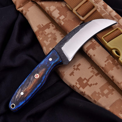 Trade Scorpio Handmade 1095 high Carbon Steel Lineman Hawkbill knife- Wire Skinnning Knives- With Pancake Leather Sheath- Fixed Blade Knife- electrician knife (Blue & black Wood)