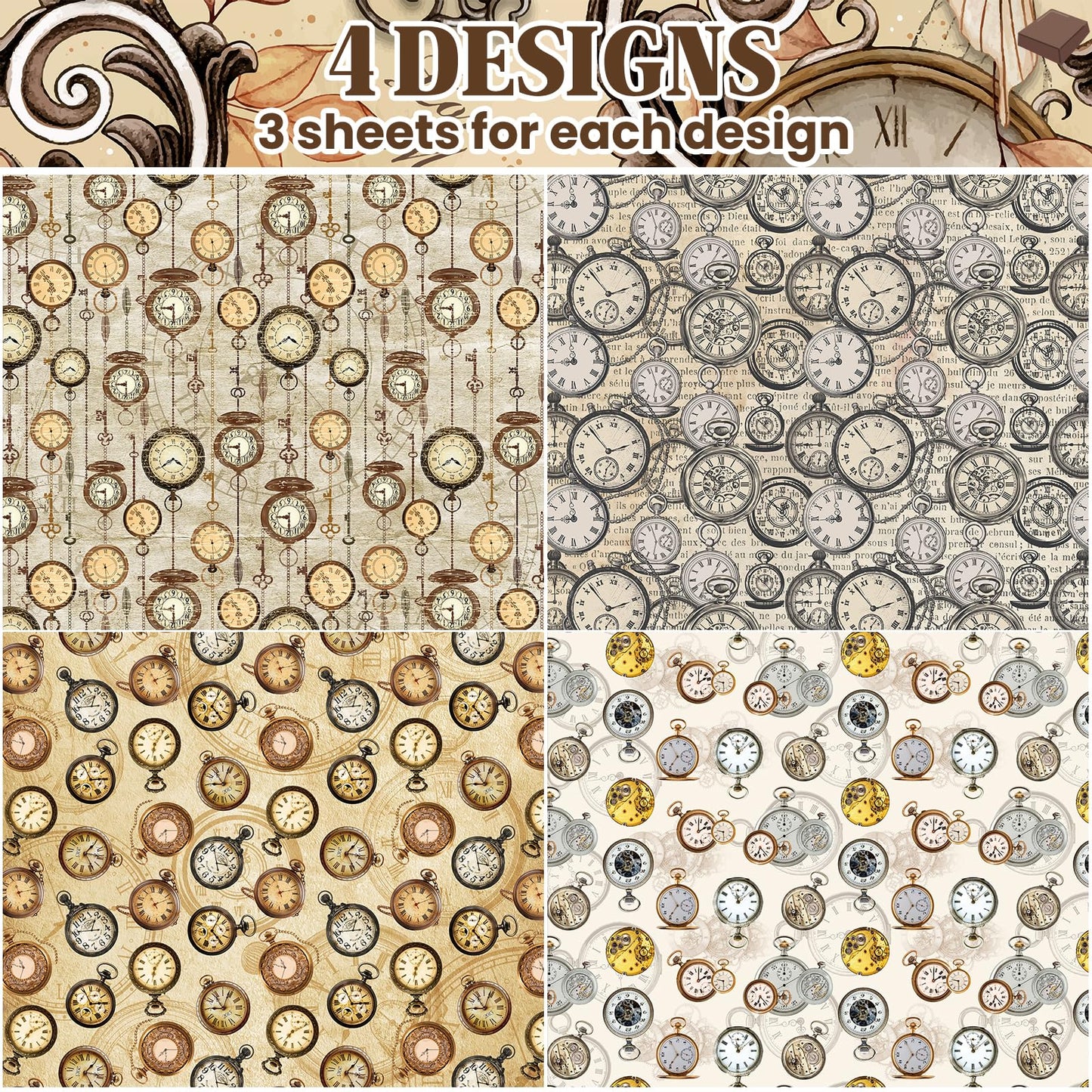 Steampunk Clock Wrapping Paper for Men Dad, 12 Sheets Antique Pocket Watch Wrapping Paper, Watch Gear Gift Wrap for Father's Day Watch Lovers Birthday Anniversary DIY Crafts, 19.7 x 27.6 Inch