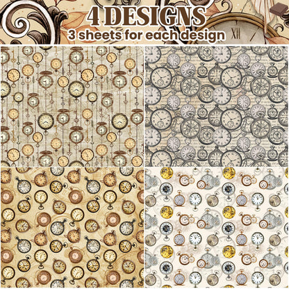 Steampunk Clock Wrapping Paper for Men Dad, 12 Sheets Antique Pocket Watch Wrapping Paper, Watch Gear Gift Wrap for Father's Day Watch Lovers Birthday Anniversary DIY Crafts, 19.7 x 27.6 Inch