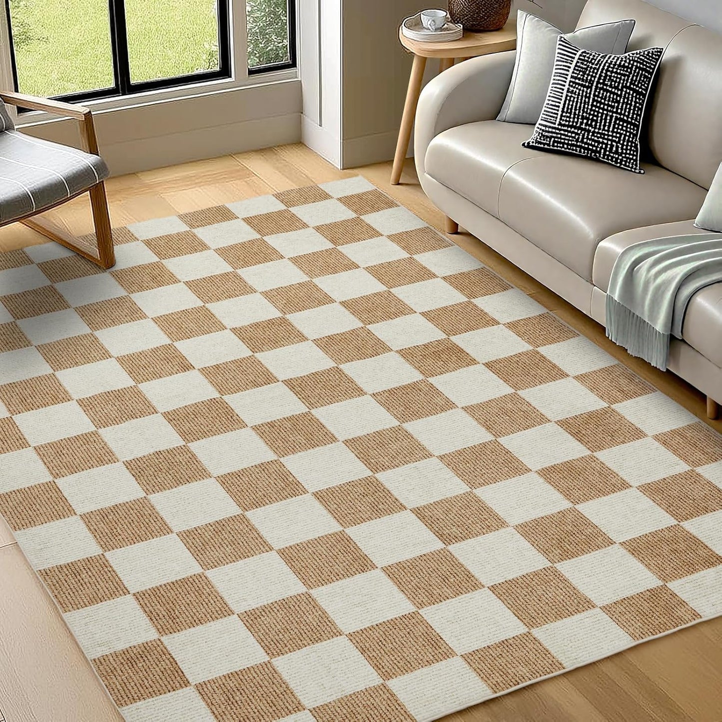 EcoNest 2x3 Washable Door Mat Indoor Entrance Checkered Rug, Beige and White Area Rug,Low Pile Lightweight Indoor