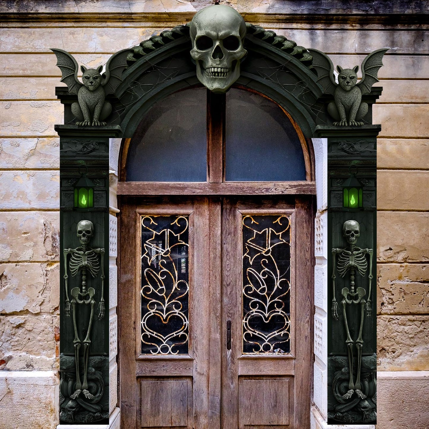 Peryiter 3 Pcs Halloween Cemetery Archway Halloween Skull Cemetery Hanging Banners Gothic Outdoor Banners Sign Banner Spooky Pillar Sign Decorations for Outdoor Party Supplies