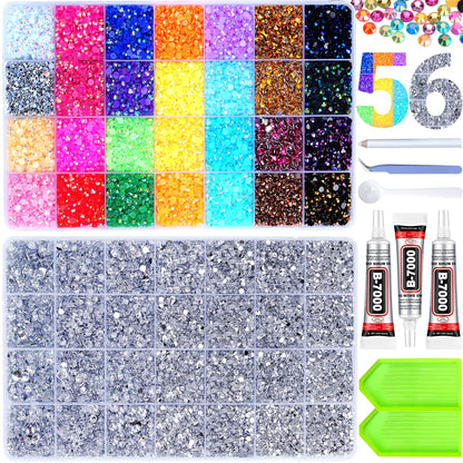 46000Pcs Jelly Rhinestones for Bedazzling, 2 Boxes Multicolor 4mm & Silver Clear 2/3/4/5/6mm Resin Flatback Gems for Crafting, Bedazzler Kit with 3Pcs 15ml B7000 Jewelry Glue for Book Clothes Crafts