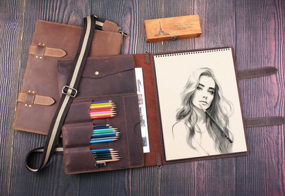 Robrasim Handmade Leather Sketchbook Cover, Artist Sketch Pad Holder for 11"X14" Top Spiral Bound Sketchbook, Drawing Book Pencil Case, Journal Portfolio with Shoulder Strap, Artist Gifts,Coffee