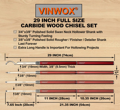 VINWOX 9 PCS Carbide Wood Lathe Turning Tool Set, Pen Turning tools, Including Swan Neck Hollower, Rougher, Finisher, Detailer, Aluminum Handles from 14" to 29", Fine Polished Stainless Steel Shank
