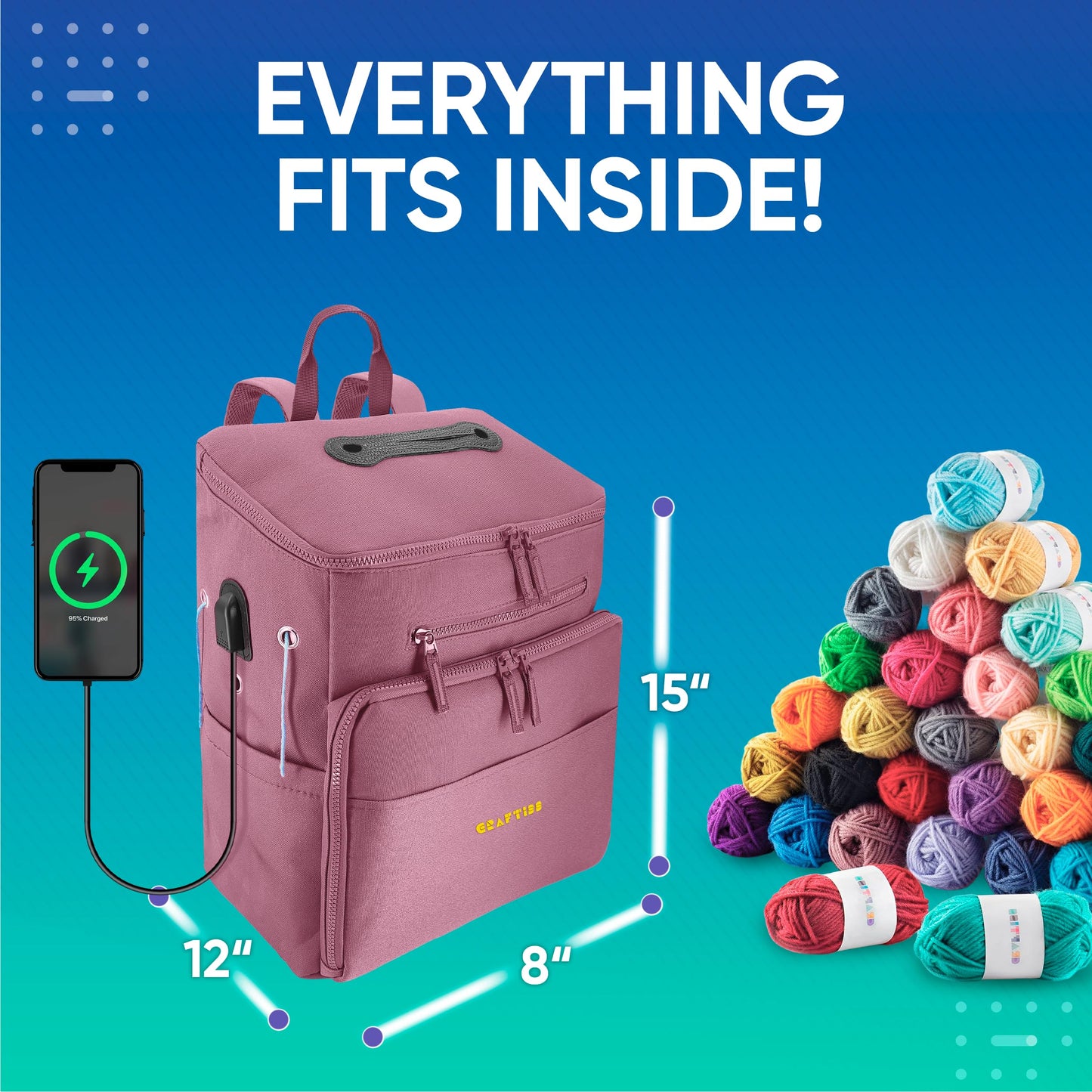 CRAFTISS Crochet Bag Yarn Storage - Valentine's Day Gift - Durable Canvas Yarn Bag for Crochet Accessories – Backpack Organizer with Knitting Accessories Pockets and USB Cable (Pink)