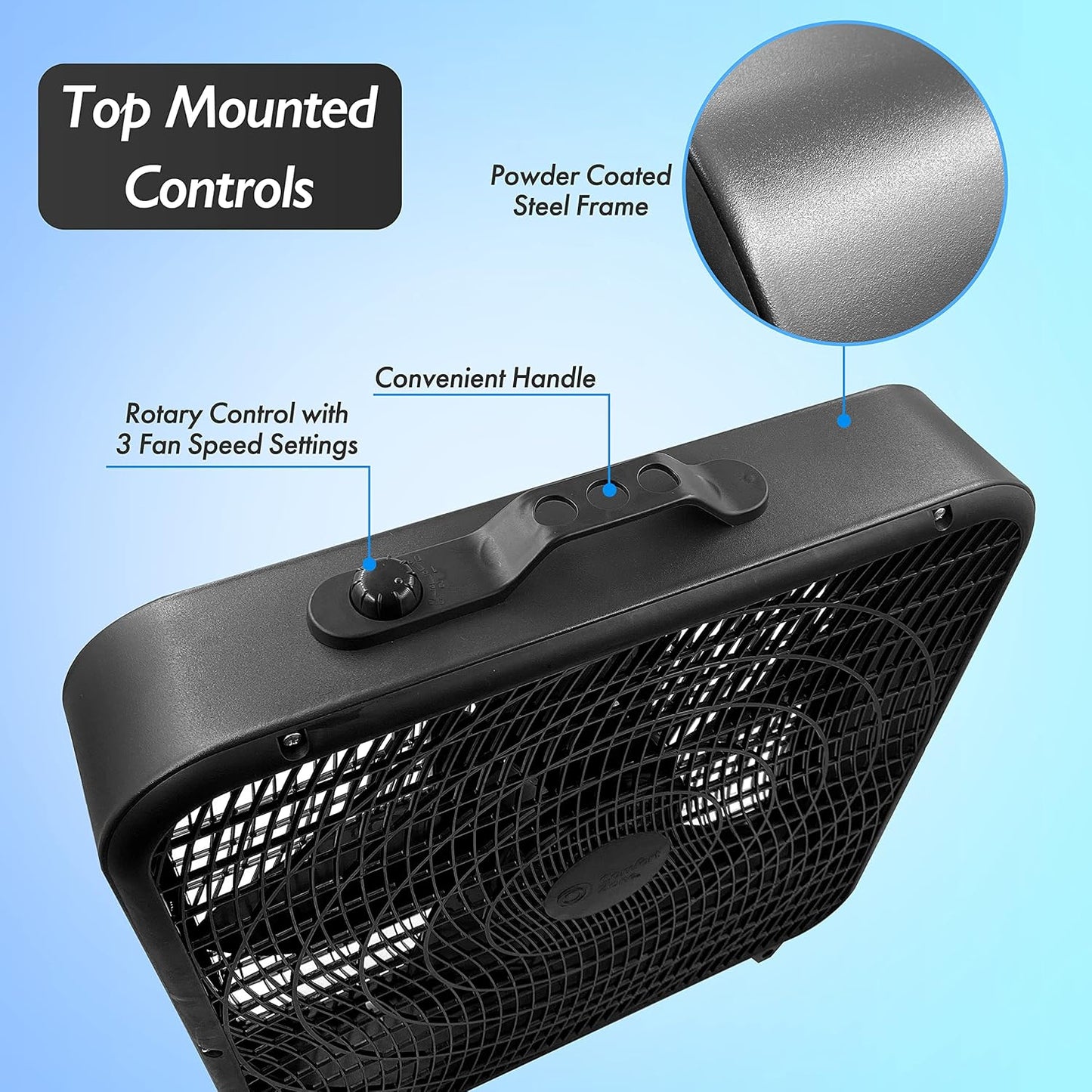 Comfort Zone 20 Inch Box Fan - 3 Speed Full-Force Air Circulation with Carry Handle, Ideal for Home