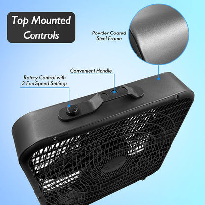 Comfort Zone 20 Inch Box Fan - 3 Speed Full-Force Air Circulation with Carry Handle, Ideal for Home