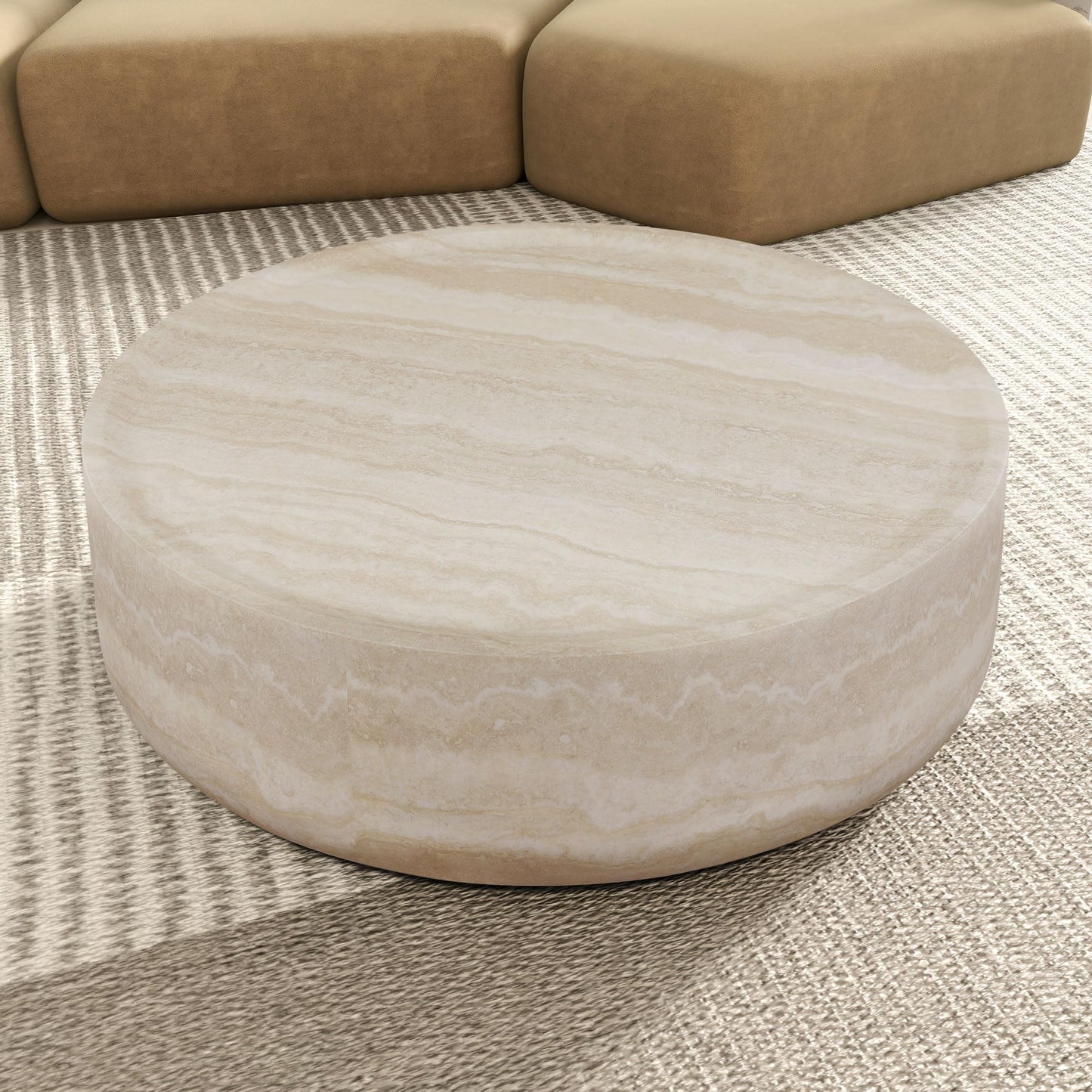 KEIKI 35" Round Fiberglass Coffee Table with Faux Mars Pattern, Modern Style Circle Coffee Table with Faux Travertine Textured, No Assembly Required, for Living Room, Bedroom, Reception Room, Marble