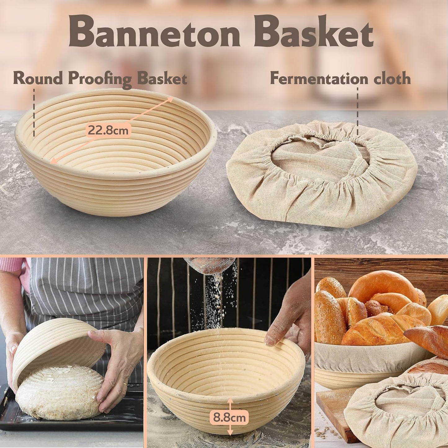Bread Proofing Basket Set, 9 Inch Round Banneton with Scraper & Lame for Sourdough Bread Baking