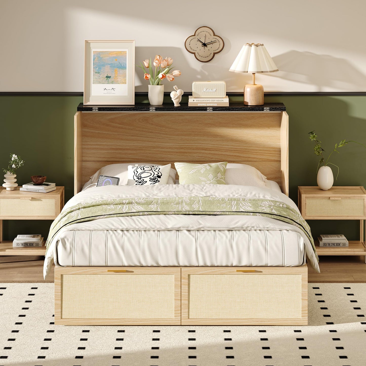 VINGLI Queen Size Rattan Murphy Bed with Storage Drawer,2 Charging Station, Boho,Hideaway Paltform Panel Bed for Small Spaces,Guest Room,Office,Apartment, Space-Saving Cabinet Bed,Oak White