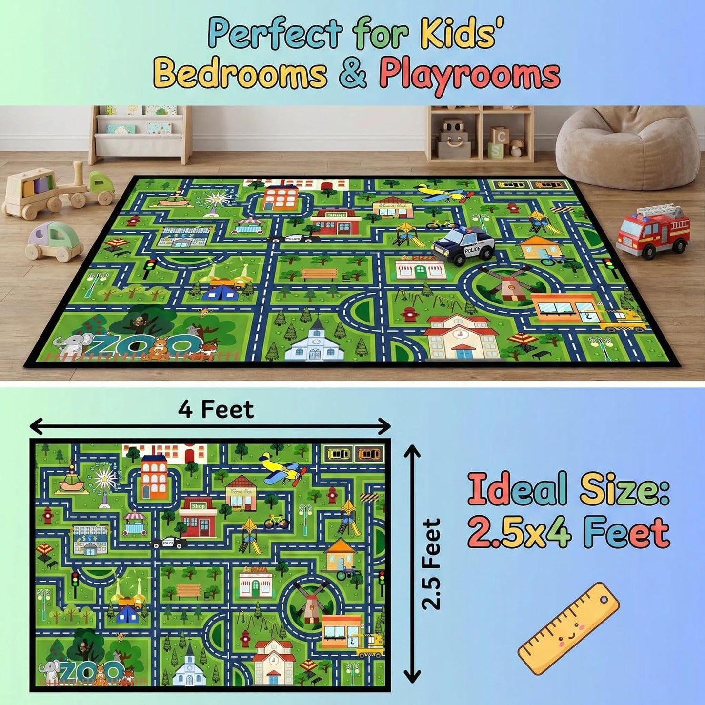2.5x4 Kids Car Rug Play Mat Feet City Life Road Traffic Carpet for Bedroom Playroom Non Slip Backing Washable Floor Mat