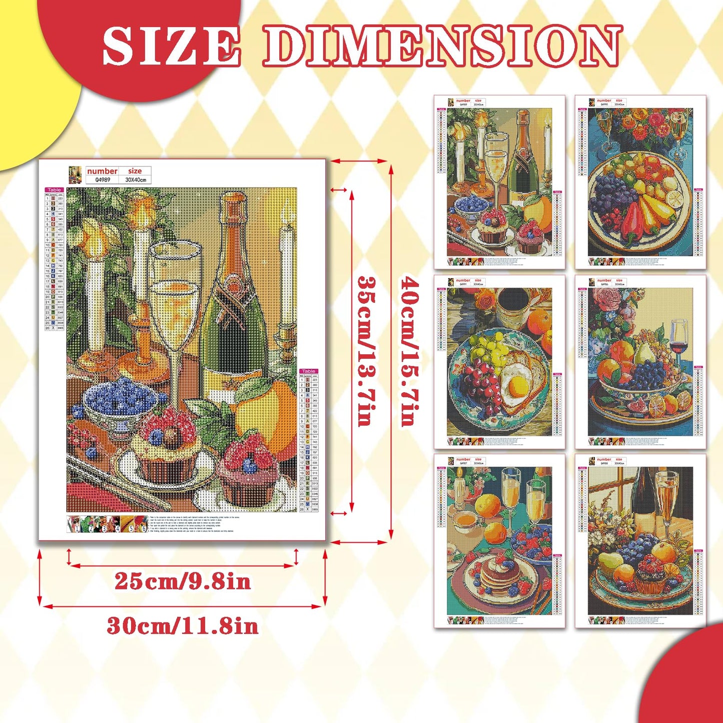 Leatrice 6 Pack Diamond Painting Kits for Adults 5D Diamond Art Kits Gem Dots Paintings Full Drill Beginners Women DIY for Home Kitchen Wall Decor 11.8x15.7 Inches Fruit Breakfast