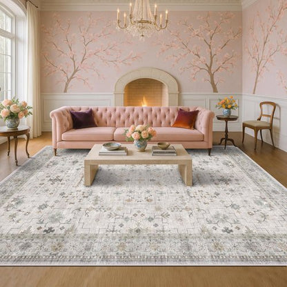 Hazo Haus Boho Living Room Rug - Light Grey Floral Design | Washable Low Pile 9x12 Extra Large Area Rug