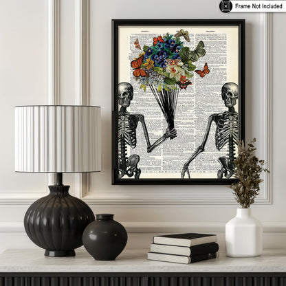 Poster Master Skeleton Couple Print - Flower & Butterfly Poster - Dictionary Art - Romantic Valentine's Day Gift for Him, Her, Lovers - Decor for Living Room, Bedroom - 8x10 UNFRAMED Wall Art