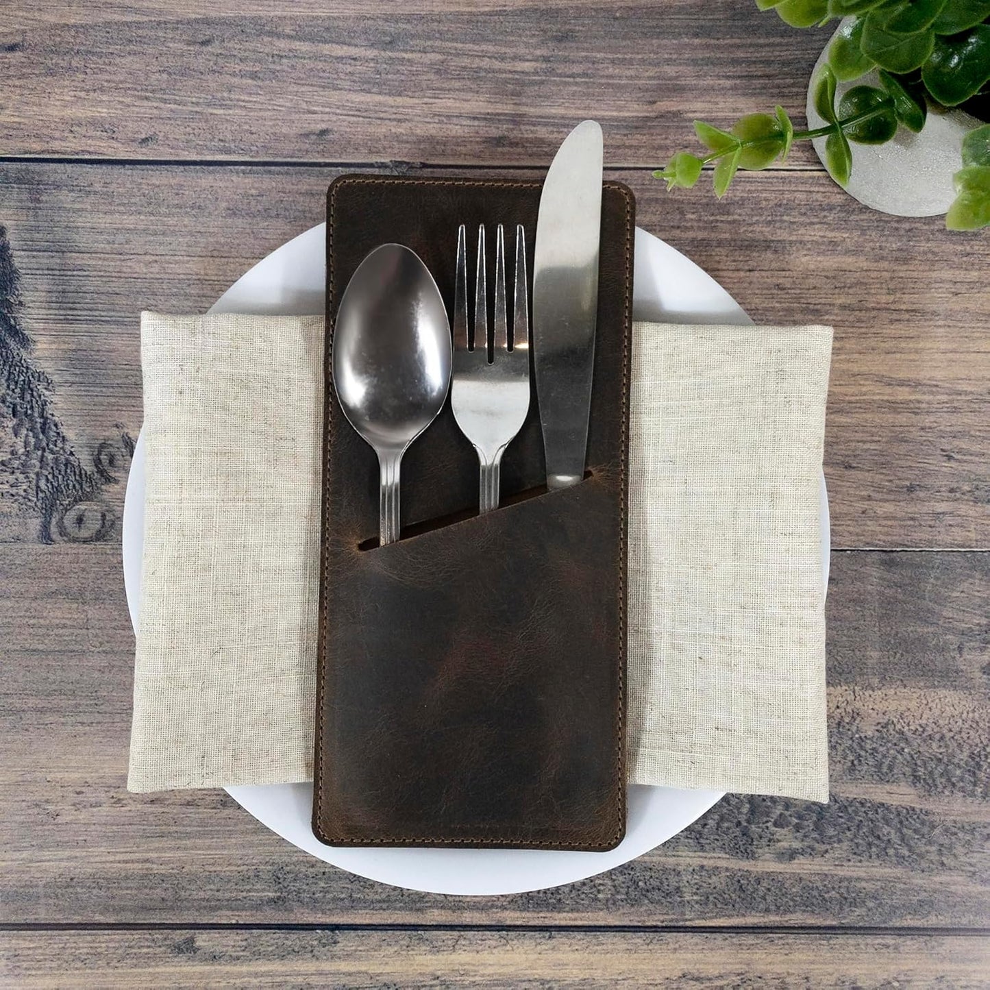 Set of 2 Rectangular Cutlery Sleeves, Utensils Place Setting, Silverware Holder, Full Grain Leather, Handmade, Bourbon