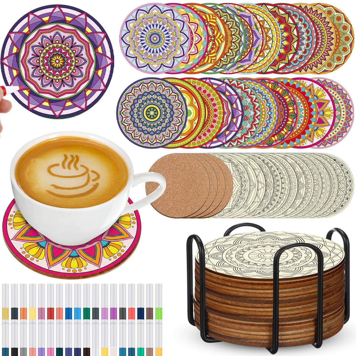 Reallnaive 77 Pcs Mandalas Coasters Painting Kit, 20 Set Wooden Drink Coasters 4 Inch with Holder & Markers Boho DIY Crafts for Adults, Women, Hobby, Color Your Own Art Craft Supplies