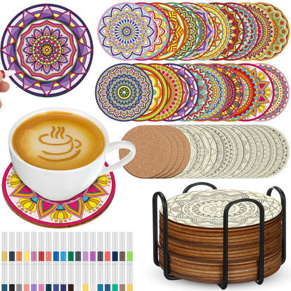 Reallnaive 77 Pcs Mandalas Coasters Painting Kit, 20 Set Wooden Drink Coasters 4 Inch with Holder & Markers Boho DIY Crafts for Adults, Women, Hobby, Color Your Own Art Craft Supplies
