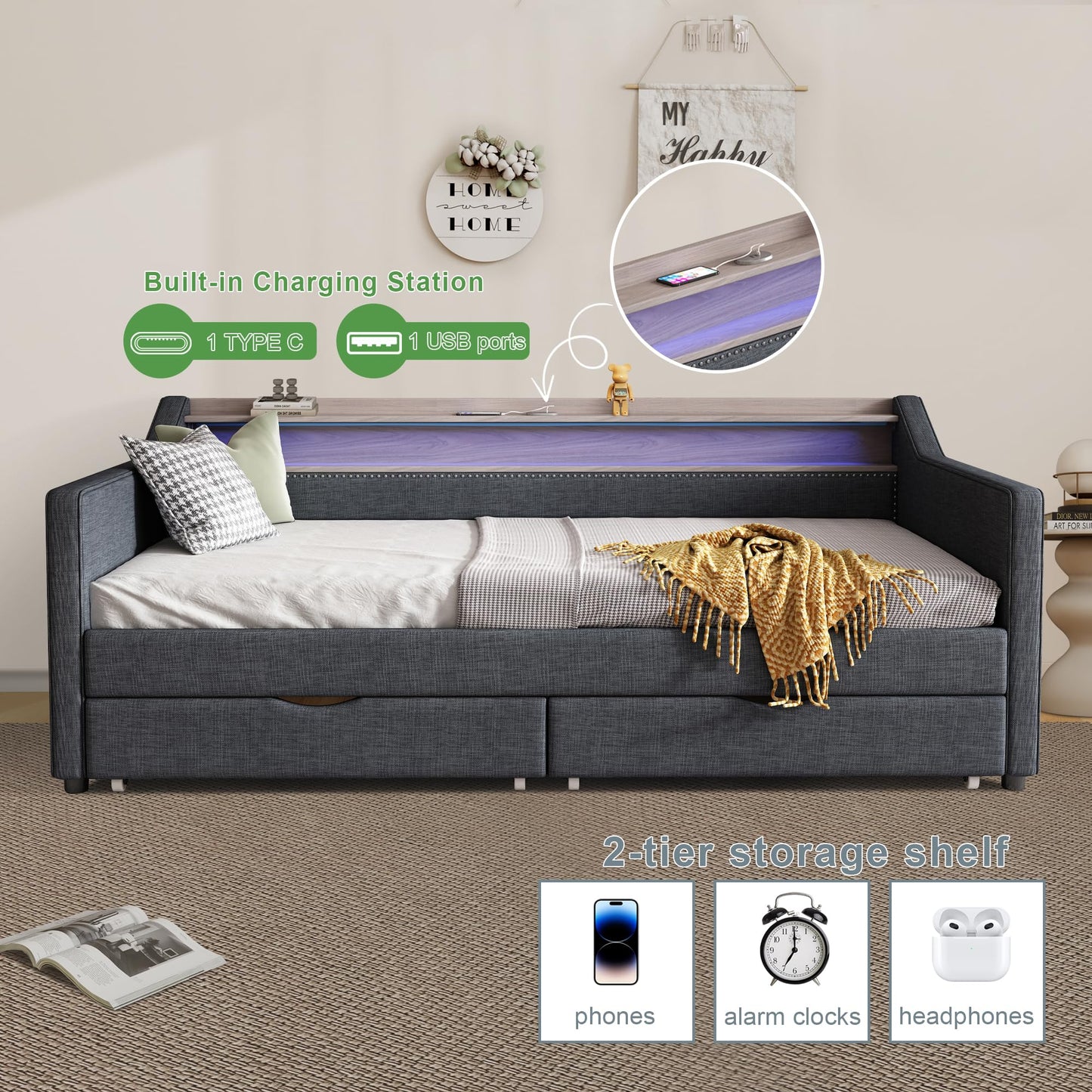Ball & Cast Twin Size Daybed Frame with Storage Drawers and 2-Tier Shelf,Modern Linen Upholstered Sofa Bed w/Charging Station,Smart LED Light,Wood Slats Support,for Livingroom,Apartment,Dark Grey