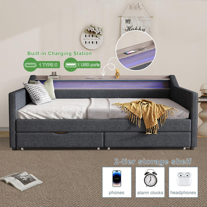 Ball & Cast Twin Size Daybed Frame with Storage Drawers and 2-Tier Shelf,Modern Linen Upholstered Sofa Bed w/Charging Station,Smart LED Light,Wood Slats Support,for Livingroom,Apartment,Dark Grey