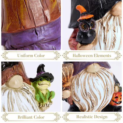 Valery Madelyn Gnomes Halloween Decorations Indoor, 3 Pcs Resin Gnome Decor for Home with Bat Witch Hat, Halloween Figurines Elf Dwarf with Broom Jack O Lantern for Table Tiered Tray Outdoor, 6.1"