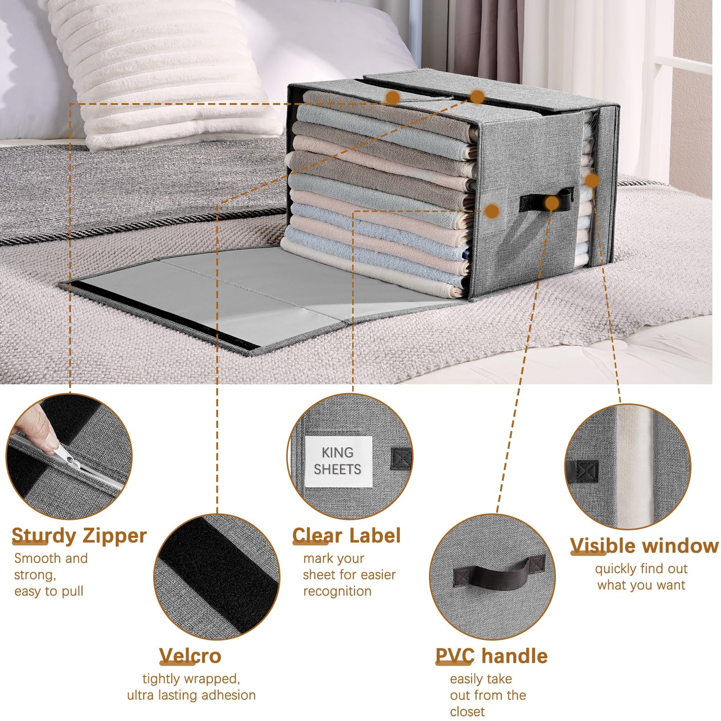 VECELO Bed Sheet Organizers and Storage, 2 IN 1 Foldable Sheet Organizer for Linen Closet with Window and Label, Bedding Storage Box for Blanket Queen and King Sheets Set Comforter Pillow, 2 Pack