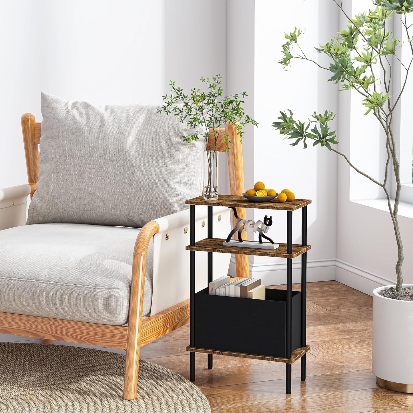Newmics 3-Tier Narrow Side Table with Fabric Basket, End Table for Small Spaces, Slim Nightstand with Storage Shelf