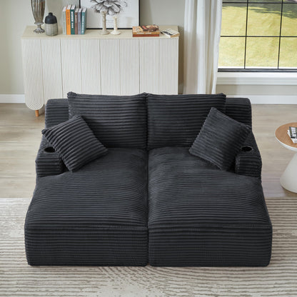 Eafurn Oversized Double Chaise Lounge Indoor with Cup Holders & Side Pocket, 71" Plush Corduroy Boneless Chaise Lounge Sofa with High Density Sponge & Deep High Seat Comfy Sleeper Couch Bed