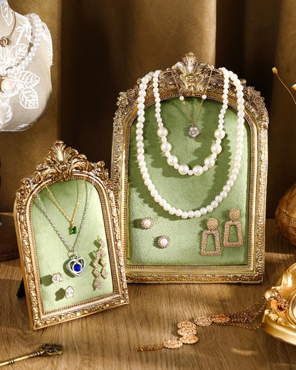 Wonderjune 2 Pcs Gold Jewelry Display Stand Vintage Necklace Organizer Ring Holder Earring Tray Resin Jewelry Photography Props Frame with Velvet Backing for Gifts(Green,Large,Small,Elegant)