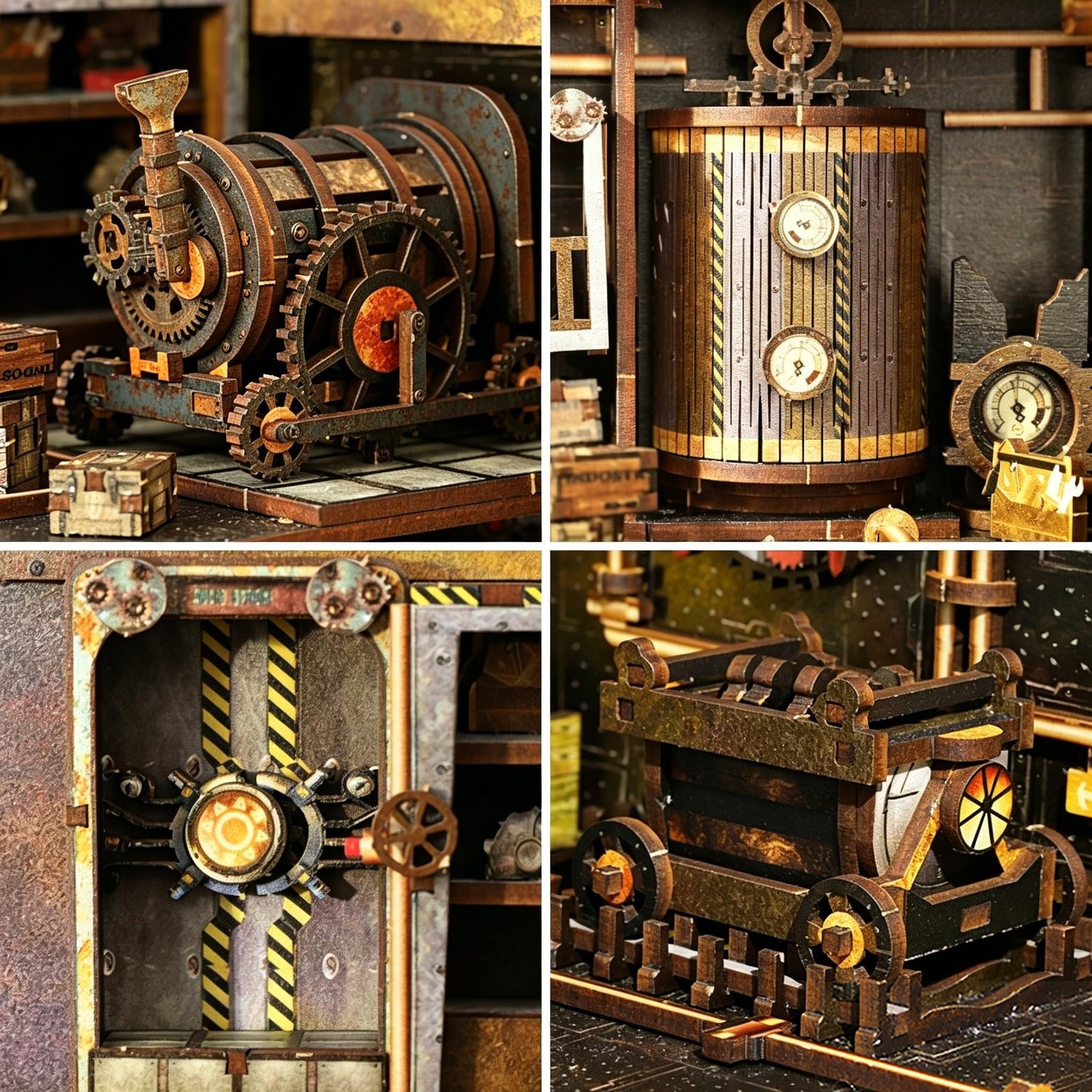 DGRENA Book Nook DIY Miniature House Kit, Steampunk Industrial 3D Wooden Puzzle Bookend with Touch LED Lights, Rotating Gears Mechanical Bookshelf Insert Decor Crafts for Adults Teens Gift
