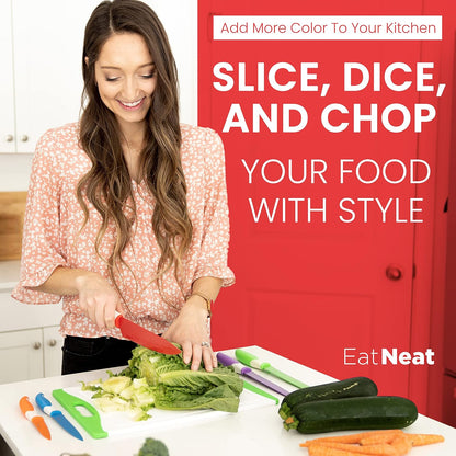 EatNeat 12 Piece Knife and Cutting Board Set, Colorful Non-Stick Stainless Steel Chef Knives with Sheaths & Sharpener