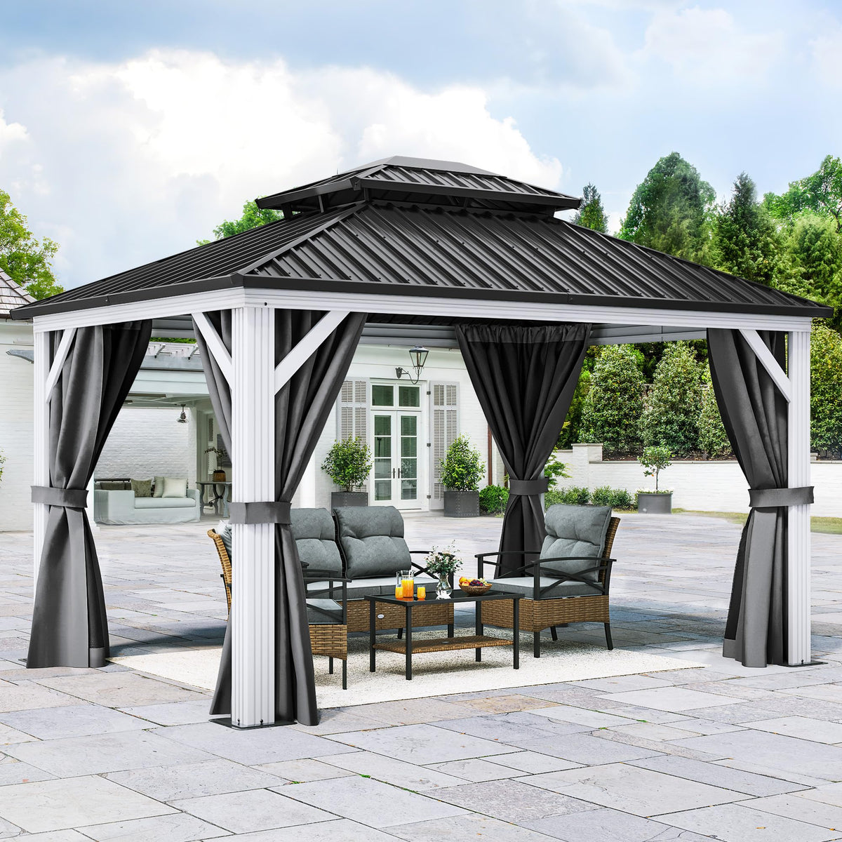 YITAHOME White Gazebo 10x12ft Hardtop Double Roof Canopy Galvanized Iron Aluminum Frame Outdoor Gazebo with Netting and Shaded Curtains Garden Tent for Patio, Backyard, Deck and Lawns, Grey Curtain
