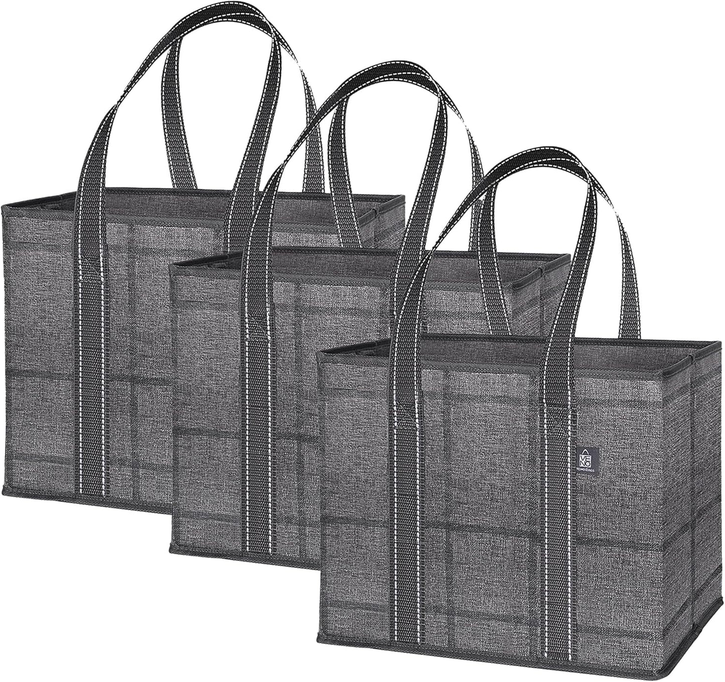 VENO Reusable Grocery Bags - Heavy-Duty Utility Tote with Handles & Hard Bottom | 3 Pack, Water Resistant, 6 Gallon