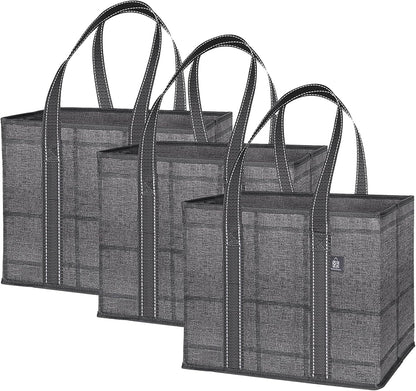 VENO Reusable Grocery Bags - Heavy-Duty Utility Tote with Handles & Hard Bottom | 3 Pack, Water Resistant, 6 Gallon