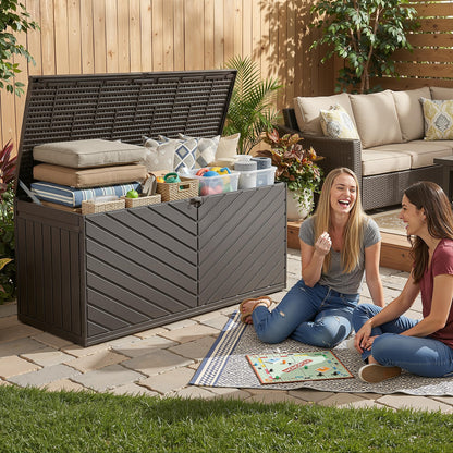 Ortus Collective 270 Gallon Deck Box, Waterproof Resin with Double-Layer & Lockable Lid, UV Protection for Pool, Patio and Garden Storage, Brown