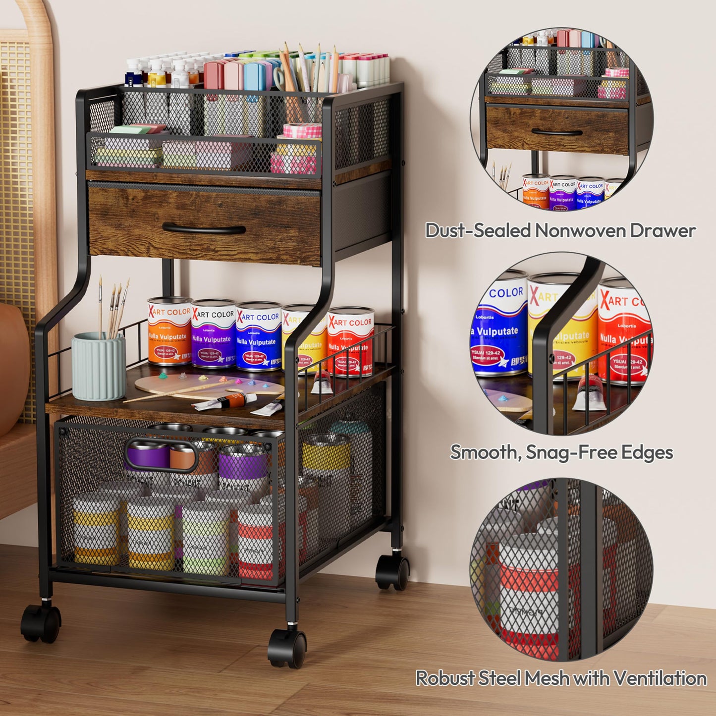 SWTYMIKI Under Desk Storage Cart- Art Storage Cart with Drawers & DIY Divider - Office Cart Organizer Under Desk Shelf, Craft Rolling Cart for Office, Craft Room & Studio Espresso