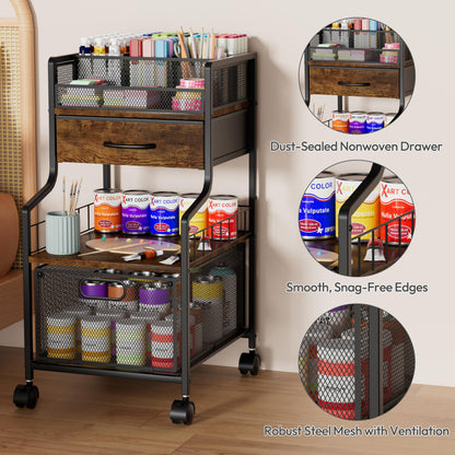 SWTYMIKI Under Desk Storage Cart- Art Storage Cart with Drawers & DIY Divider - Office Cart Organizer Under Desk Shelf, Craft Rolling Cart for Office, Craft Room & Studio Espresso