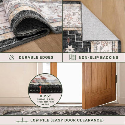 Hazo Haus Black Boho Runner Rug - Washable 3x16 ft, Waterproof, Non-Slip, Stain & Fade Resistant