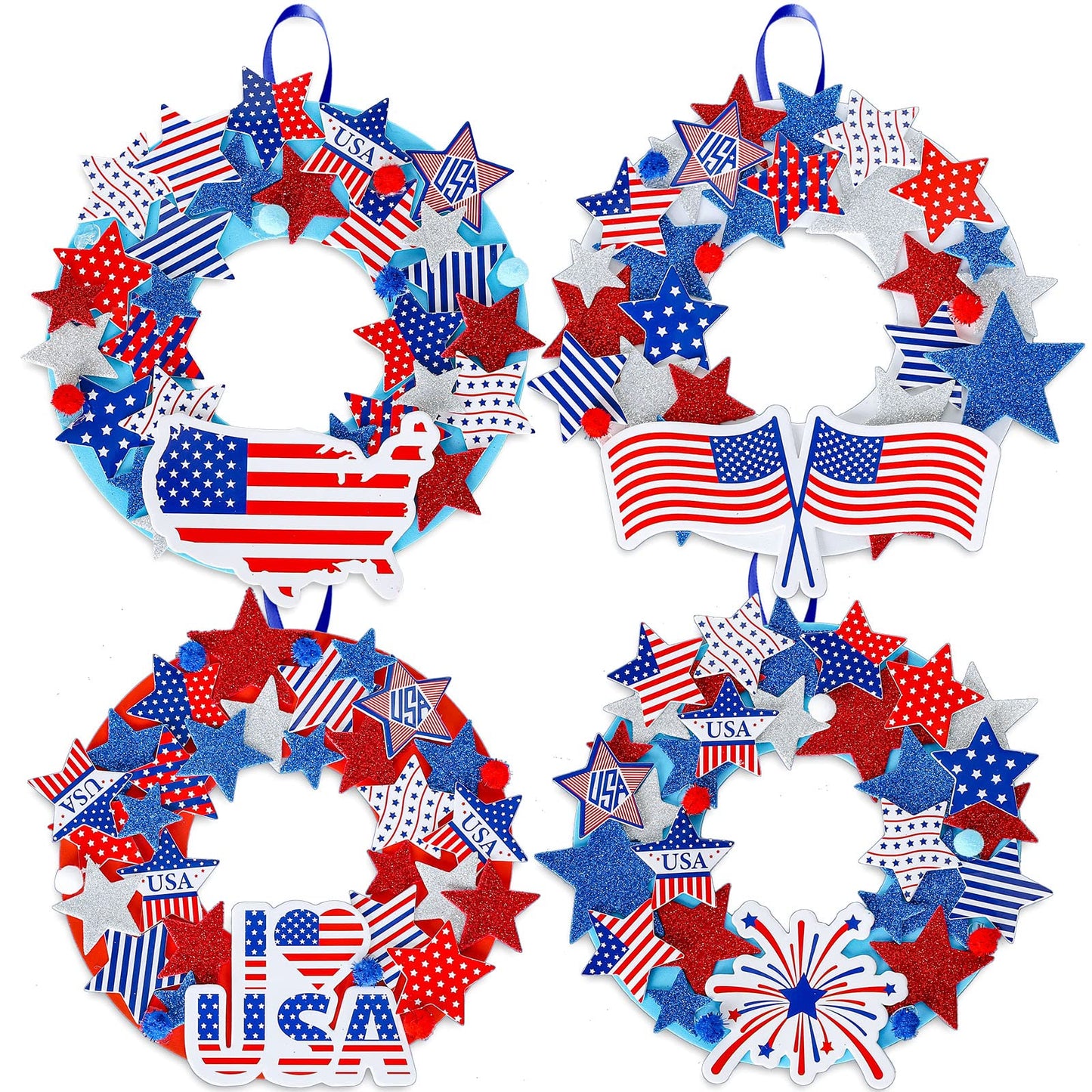 Whaline Patriotic Foam Wreath Crafts Kit American Flag Star Stickers, Glitter Star Stickers, Pompom Ball Eyes, Blue Ribbon 4th of July DIY Foam Wreath Signs for Independence Day Art Projects, 12Pcs