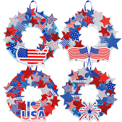 Whaline Patriotic Foam Wreath Crafts Kit American Flag Star Stickers, Glitter Star Stickers, Pompom Ball Eyes, Blue Ribbon 4th of July DIY Foam Wreath Signs for Independence Day Art Projects, 12Pcs