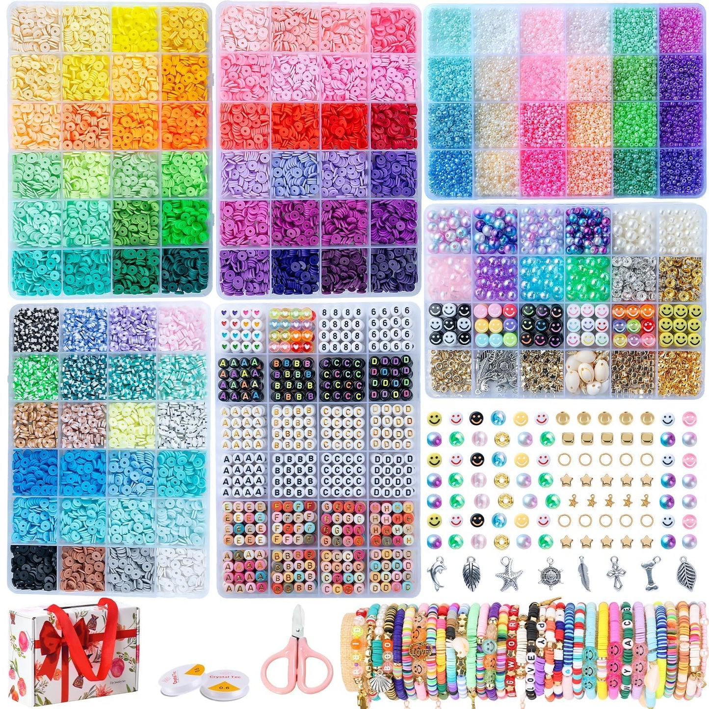 SJZWSD 6-Box Friendship Bracelet Making Kit - 16,000pcs Clay, Seed & Glass Beads Collection, Letter Beads, Charms