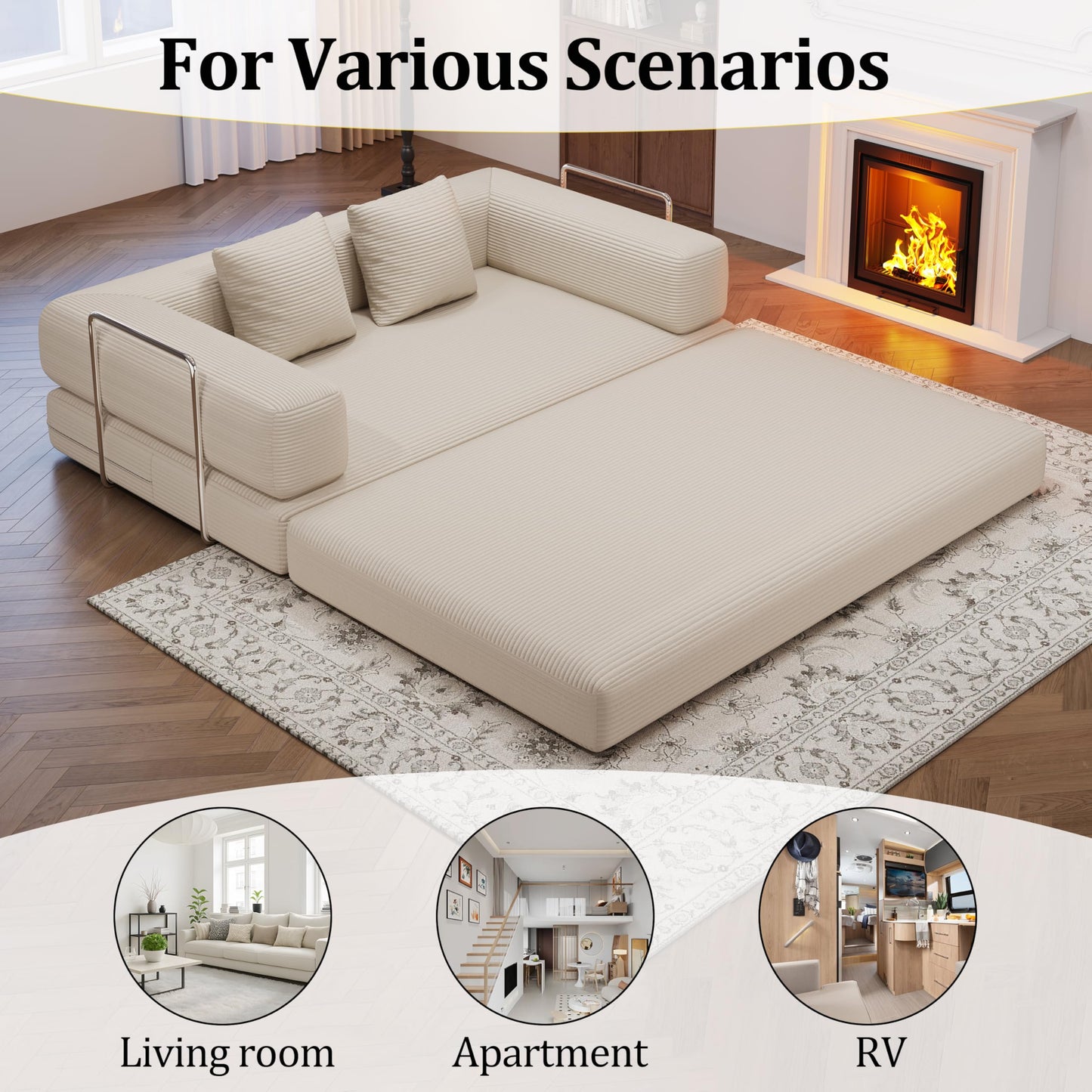 BSHOMGI Folding Sofa Bed, 4 in 1 Convertible Sofas to Lounger Comfy Floor Portable Foldable Sleeper Lazy Futon Couch Chair for Bedroom, Living Room (Beige, 59” 2 Seat)