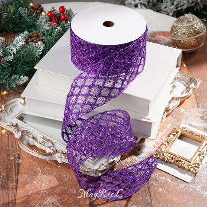 MAYREEL 2.5 Inch Purple Wired Ribbon Diamond Glitter Wire Ribbon for Halloween Christmas Decorations Gift Wrapping Wreath Supplies Tree Toppers 10 Yards