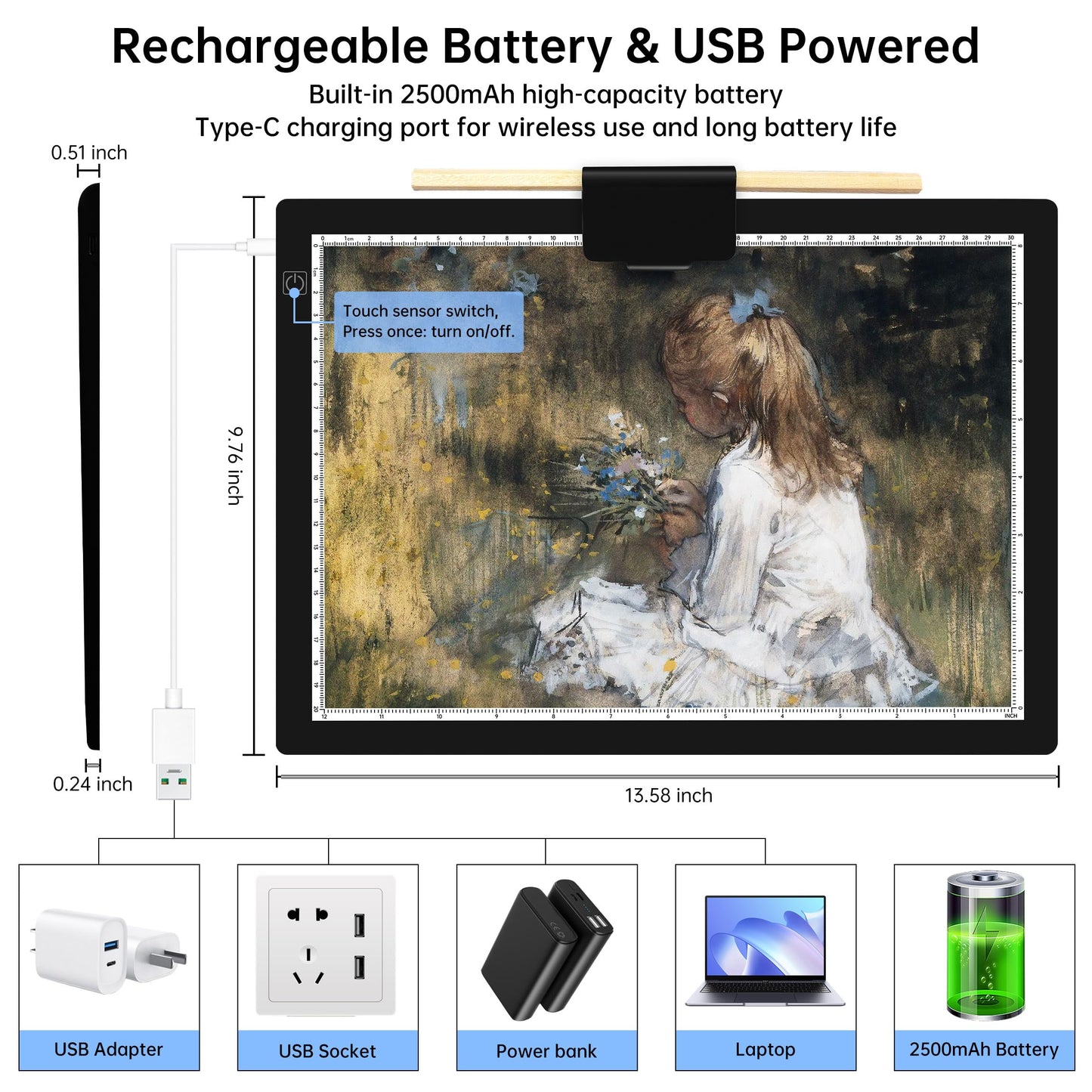Mlife A4 Light Pad Rechargeable Light Board for Diamond Painting with 3 Colors Temperature,Built in Battery Light Box,Stepless Brightness,Rechargeable Ultimate Light Tracing Board for Sketching
