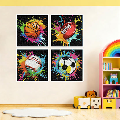 bleihum 4 Pack Diamond Art Painting Kits for Kids, Sports Small Diamond Art for Kids Ages 8-12, Cute Football Gem Art Kits for Kid Gift Home Wall Decor 6X6 inch