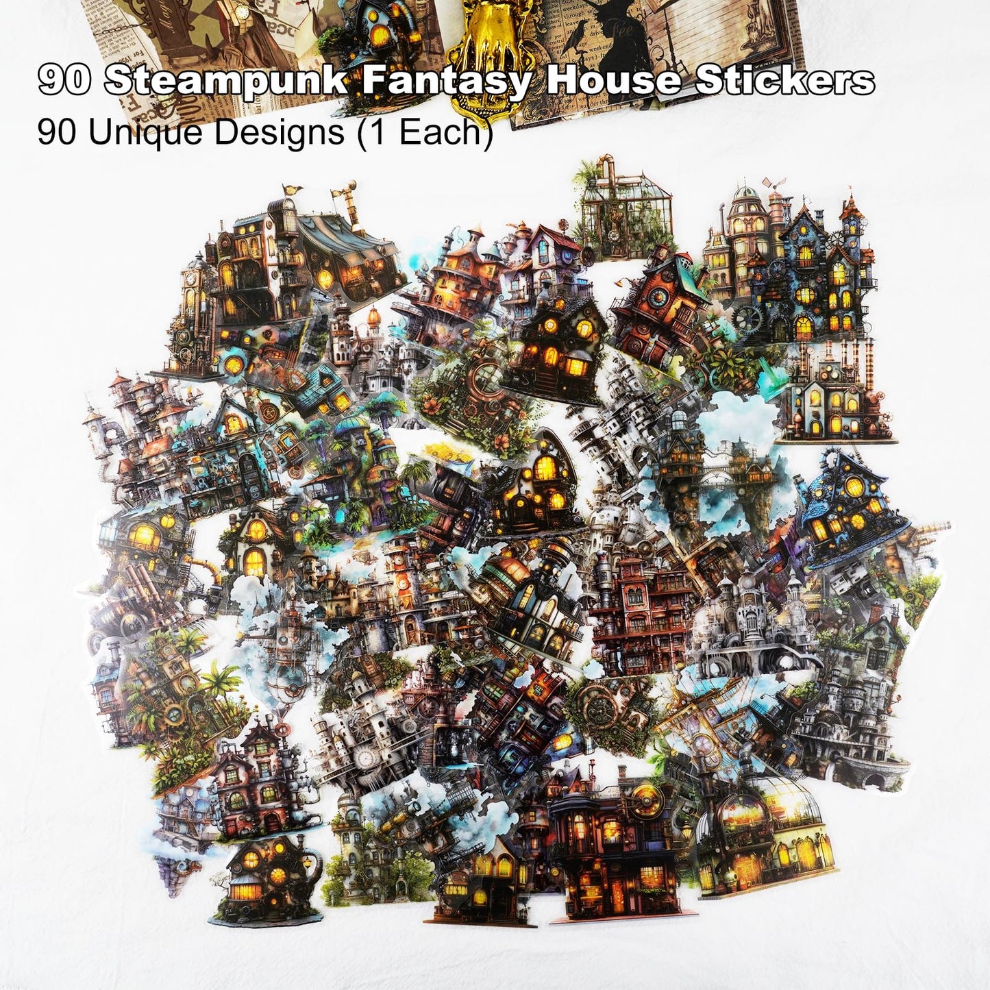 Moriquill 90PCS Gear Cabin PET Stickers – Steampunk Fantasy House Sticker for Scrapbook Journaling Crafting Collage Art Mixed Media DIY Planners Decoration Supplies