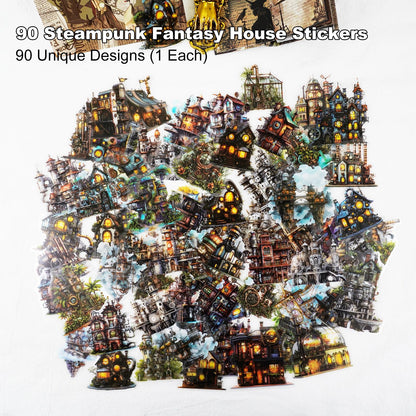 Moriquill 90PCS Gear Cabin PET Stickers – Steampunk Fantasy House Sticker for Scrapbook Journaling Crafting Collage Art Mixed Media DIY Planners Decoration Supplies