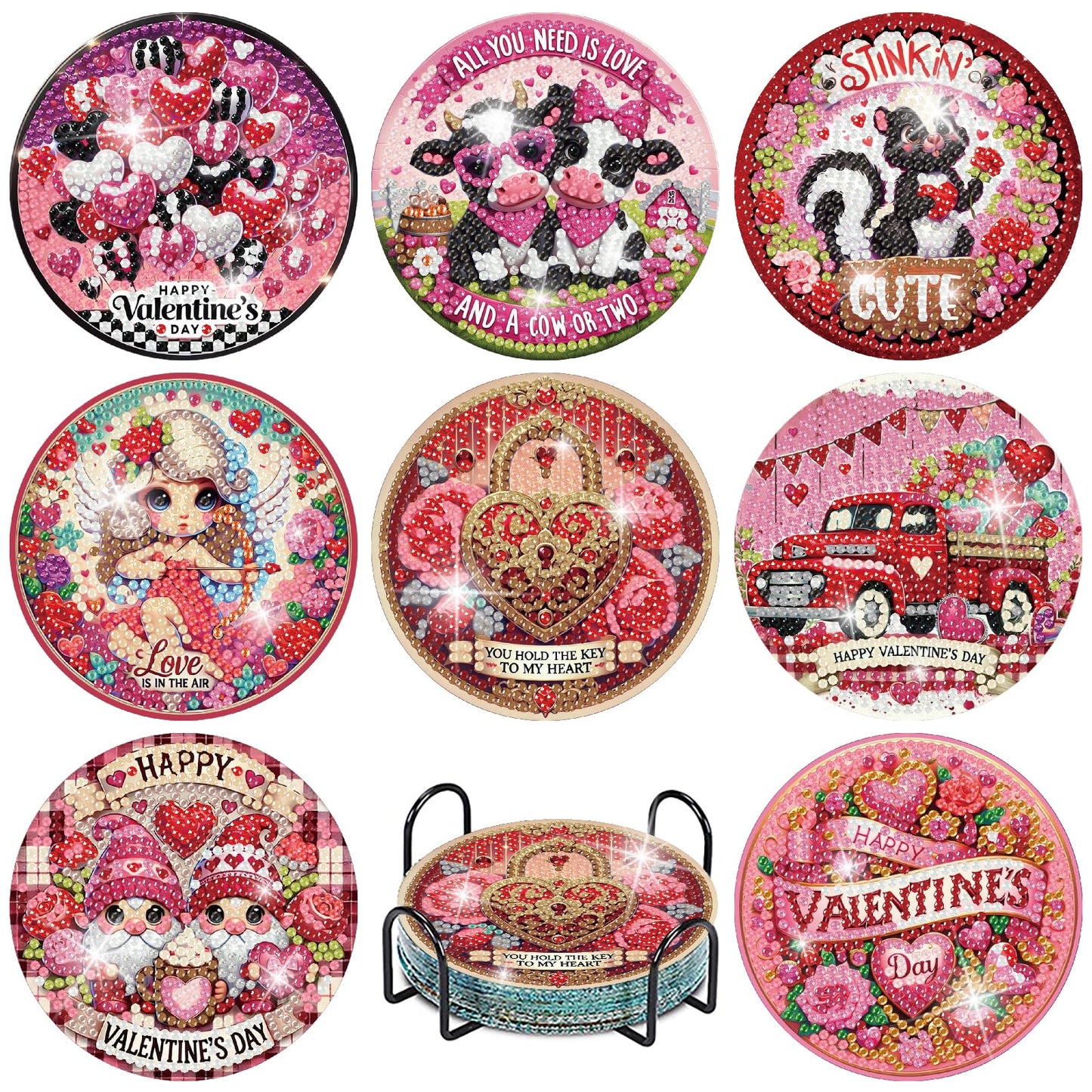 NEGEKFKX 8 Pcs Valentine's Day Diamond Art Painting Coasters Kits, Coaster with Holder for Adults, Non-Slip DIY Dot Paint Craft Kits,5D Full Drill DIY Diamond Dot Gem Art Kit Home Decor Arts Craft