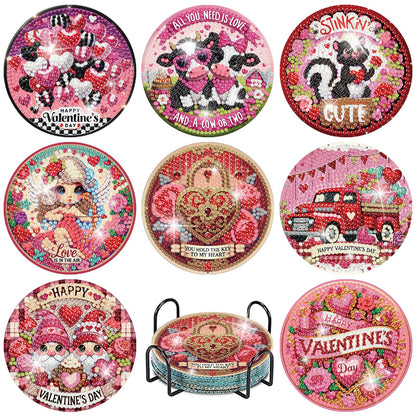 NEGEKFKX 8 Pcs Valentine's Day Diamond Art Painting Coasters Kits, Coaster with Holder for Adults, Non-Slip DIY Dot Paint Craft Kits,5D Full Drill DIY Diamond Dot Gem Art Kit Home Decor Arts Craft