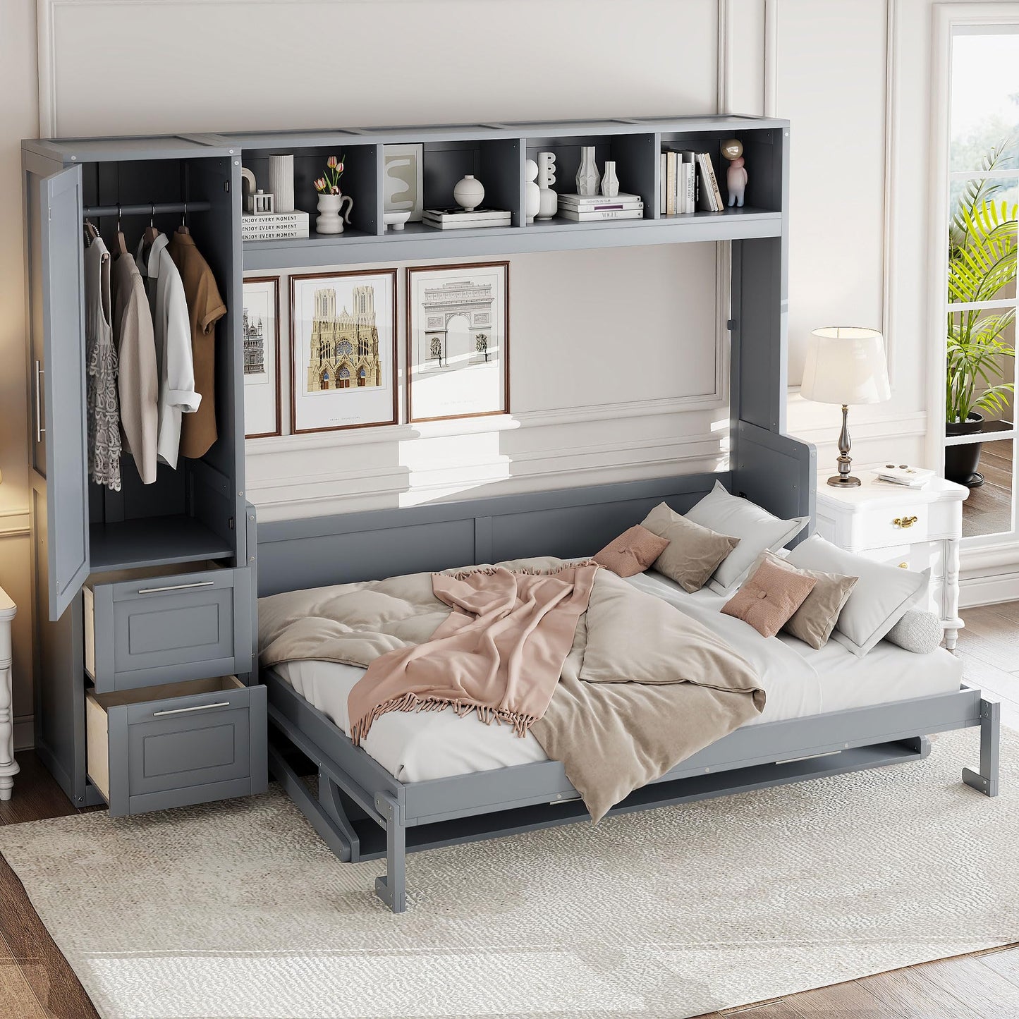 Merax Full Size Murphy Bed, Wall with Closet and Drawers, Storage Space Saving Muti-Functional Beds Frame for Home Office Guest Room, Gray