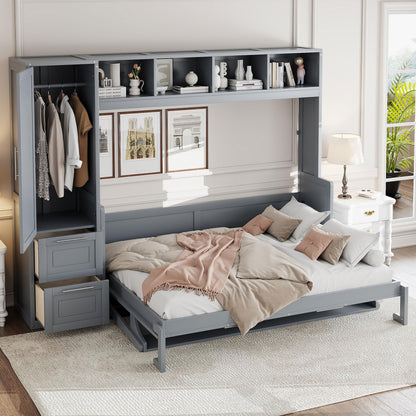 Merax Full Size Murphy Bed, Wall with Closet and Drawers, Storage Space Saving Muti-Functional Beds Frame for Home Office Guest Room, Gray